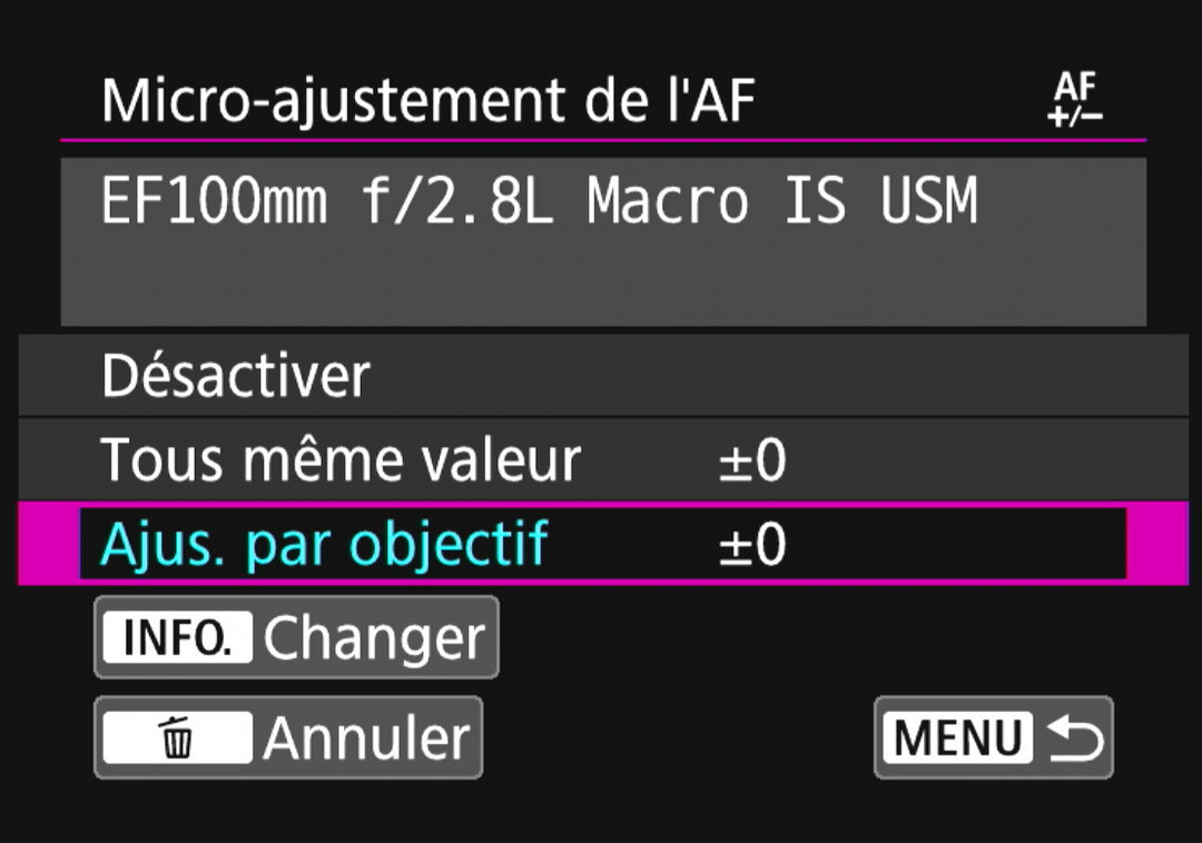 Micro ajustement de la mise au point sur Canon
