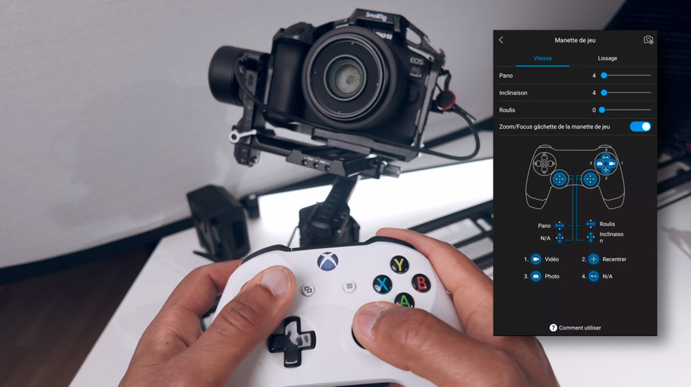 Stabilisateur DJI RS3 piloté par une manette de Xbox