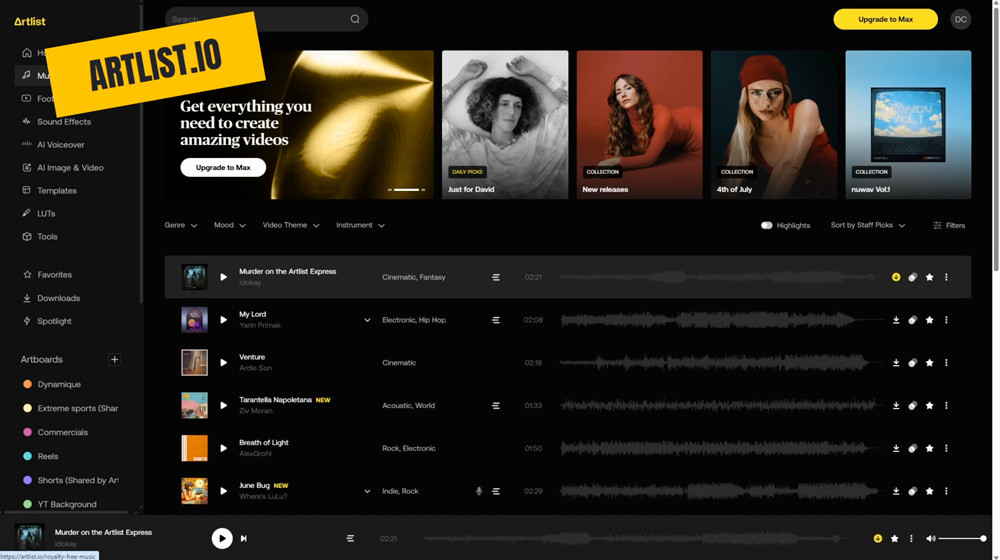 Artlist.io : musiques libres de droit, vidéo, effets sonores...